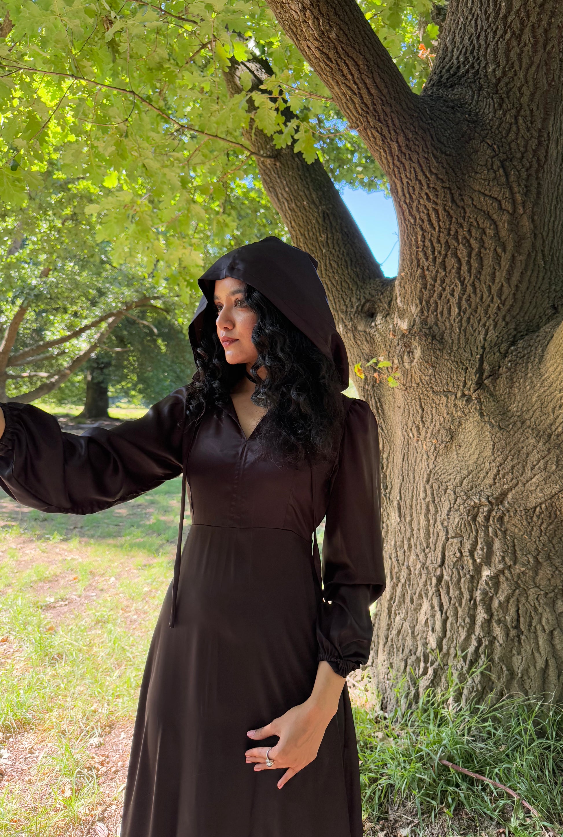 Vintage Style Hooded Dress Black Satin